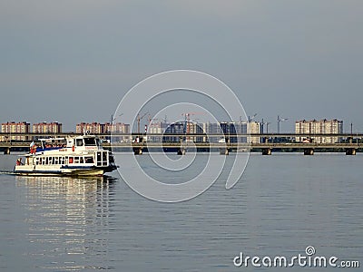 Voronezh reservoir. Global construction on the other side. Editorial Stock Photo